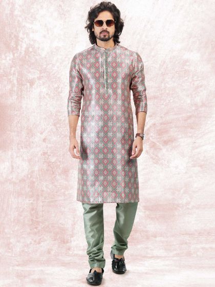Green Printed Kurta Pajama In Banarasi Silk