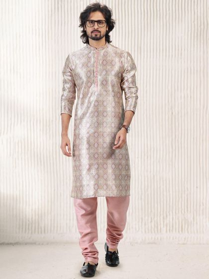 Beige Festive Kurta Pajama In Banarasi Silk