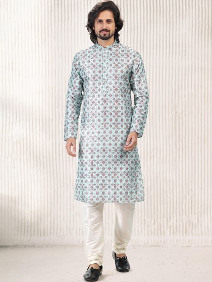 Blue Printed Banarasi Silk Kurta Pyjama