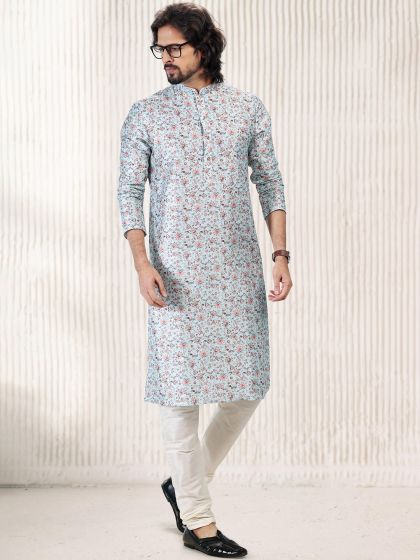 Blue Floral Printed Kurta Pyjama In Silk