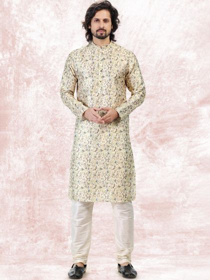 Yellow Floral Kurta Pyjama In Silk