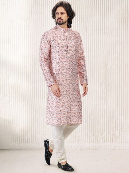 Pink Festive Kurta Pyjama In Floral Prints