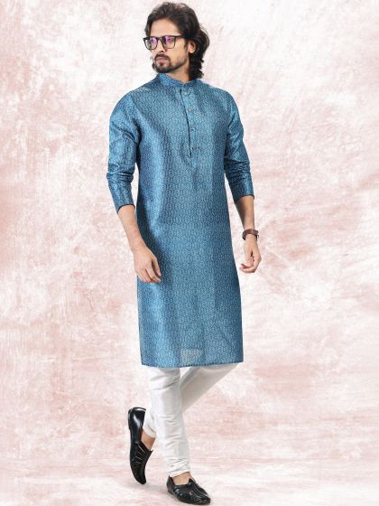 Blue Festive Kurta Pyjama In Banarasi Silk
