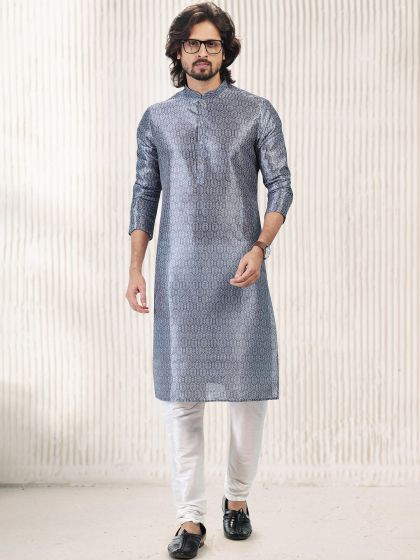 Grey Printed Banarasi Silk Kurta Pajama