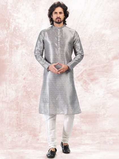 Silver Printed Banarasi Silk Kurta Pyjama