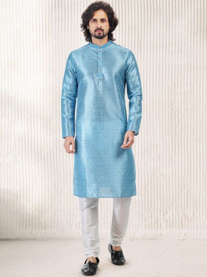 Blue Printed Banarasi Silk Kurta Pyjama