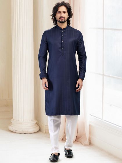 Readymade Blue Woven Silk Kurta Pyjama