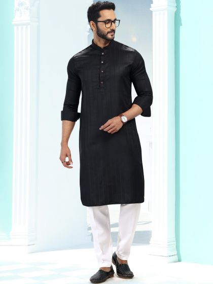 Black Woven Kurta Pajama In Silk