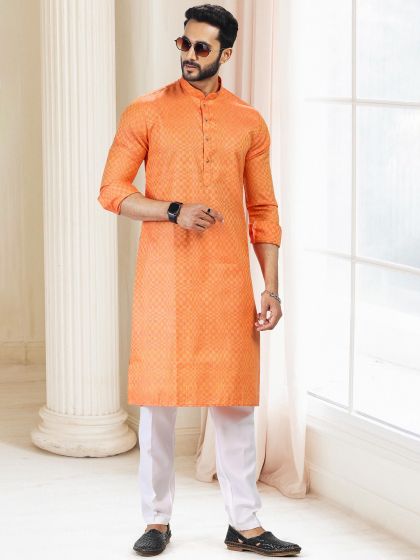 Orange Festive Kurta Pyjama With Prints