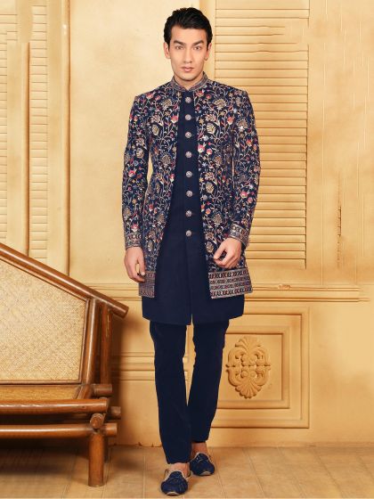 Blue Readymade Embroidered Indo Western For Men