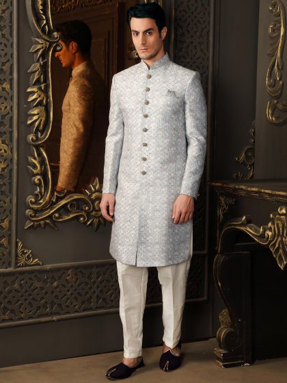Blue Hand Embroidered Mens Indo Western In Silk