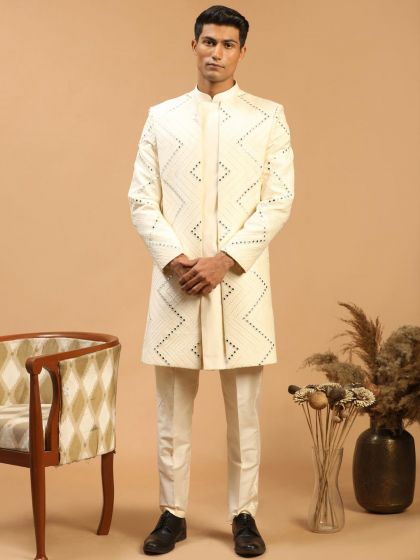 Cream Mirror Embroidered Layered Indo Western