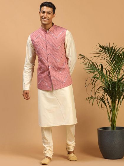 Cream Embroidered Kurta Pajama And Jacket Set