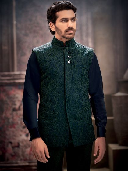 Green Embroidered Nehru Jacket In Silk