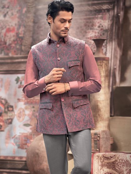 Blue Readymade Thread Embroidered Nehru Jacket