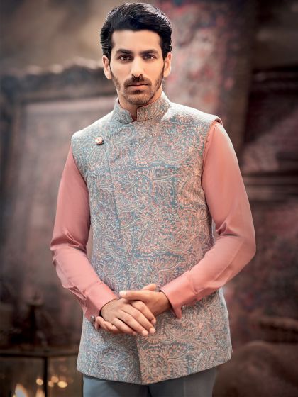 Grey Mens Nehru Jacket With Thread Work