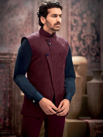 Maroon Festive Wear Embroidered Nehru Jacket