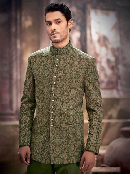 Green Silk Jodhpuri Coat Set With Embroidery