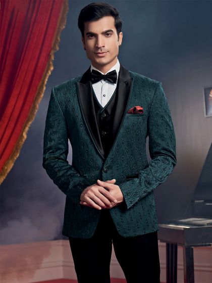 Green Stone Embellished Tuxedo For Men