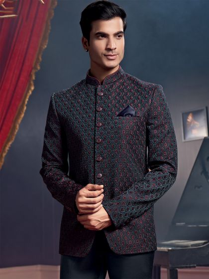 Dark Green Bandhgala Suit With Thread Work