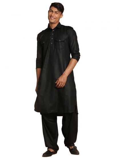 Black Readymade Pathani Kurta Pyjama In Cotton