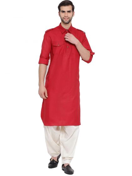 Red Readymade Kurta With Pathani Salwar