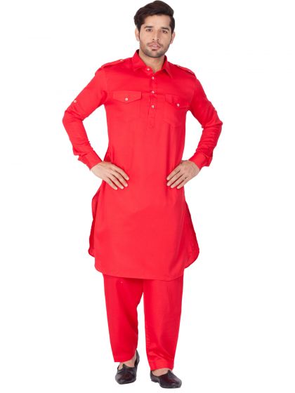 Red Redaymade Pathani Suit In Cotton Wear