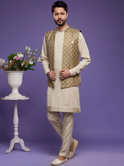 Beige Festive Kurta Pyjama With Printed Jacket