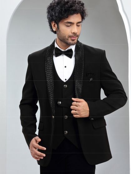 Black Stone Embellished Italian Mens Tuxedo