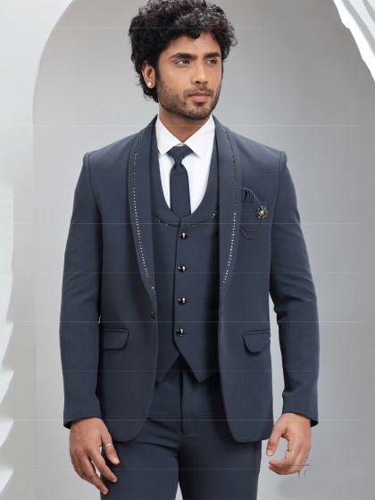Blue Italian Mens Suit With Stone Embellished