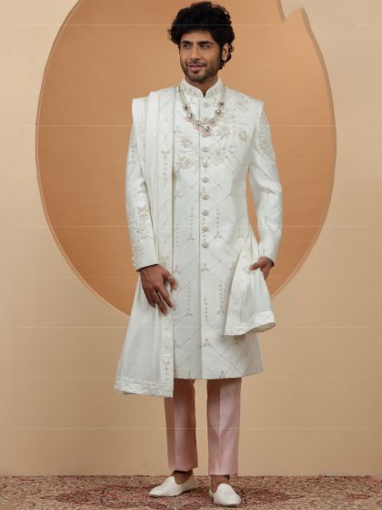 White Cutdana Embellished Silk Sherwani For Mens