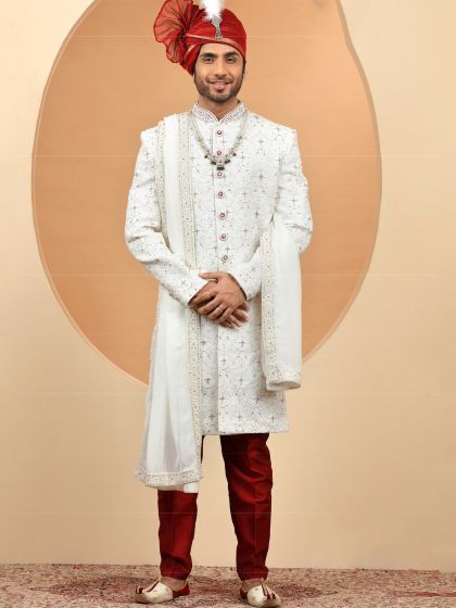 White Thread Embroidered Wedding Wear Sherwani