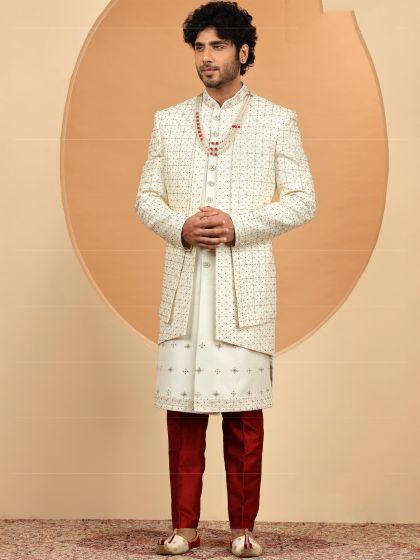 Cream Asymmetric Heavy Embroidered Sherwani