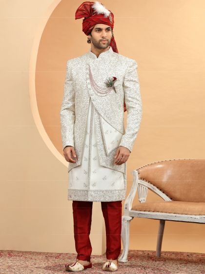 White Grooms Sherwani With Asymmetric Style
