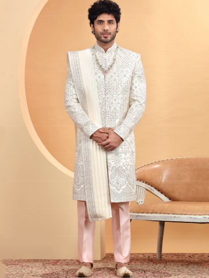 White Heavy Embroidered Wedding Mens Sherwani