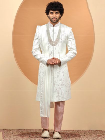 White Floral Motif Embellished Mens Sherwani