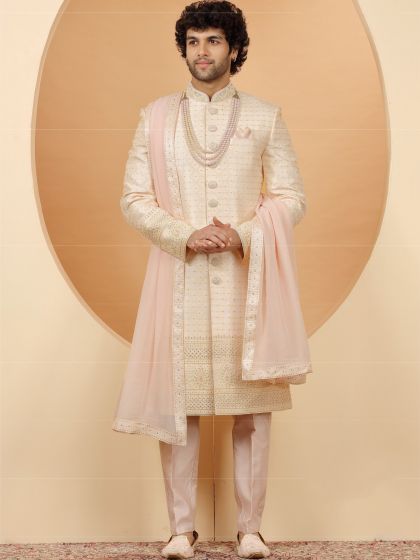 Baby Peach Grooms Sherwani In Geometric Patterns