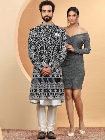 Black Chikankari Designed Mens Sherwani