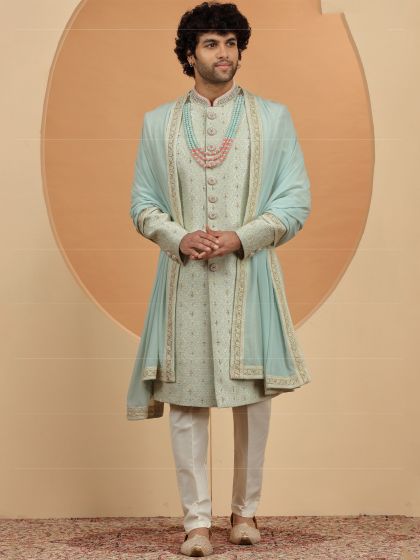 Stone Blue Mens Sherwani In Jacquard