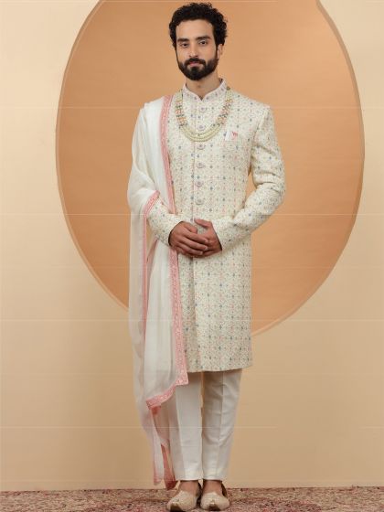 Cream Embroidered Silk Sherwani For Groom