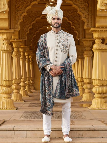 Beige Mens Sherwani With Embroidered Stole