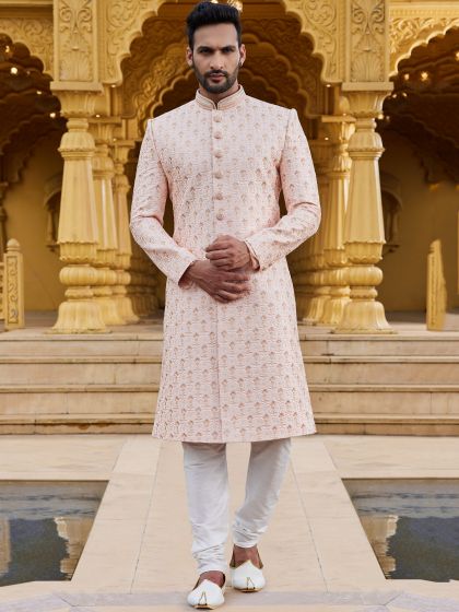 Peach Thread Embroidered Mens Silk Sherwani