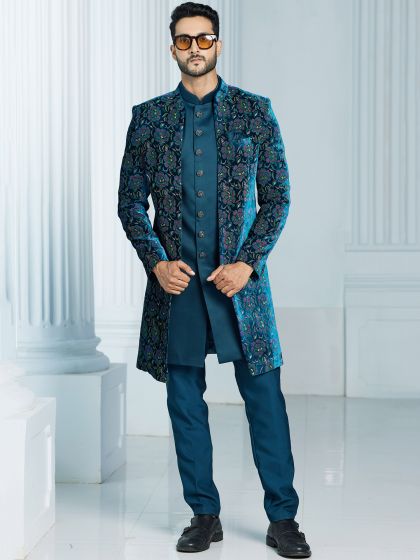 Blue Floral Embroidered Jacketed Indowestern