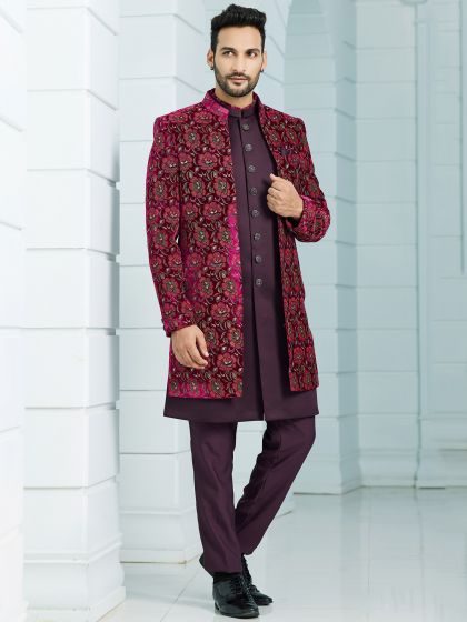 Maroon Floral Embroidered Mens IndoWestern