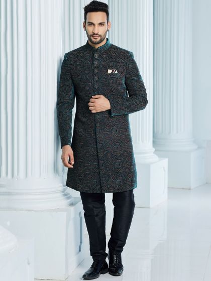Blue Geormatrical Pattern Mens Indowestern