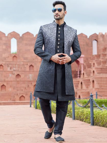 Grey Thread Embroidered Jacketed Indo Western