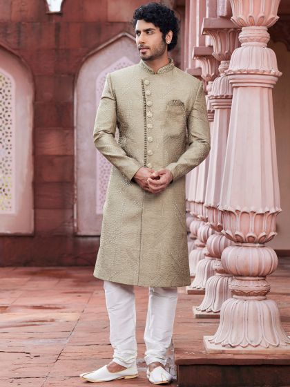 Beige Angrakha Style Indowestern For Men