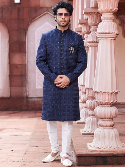 Navy Blue Hand Embroidered Indowestern Sherwani