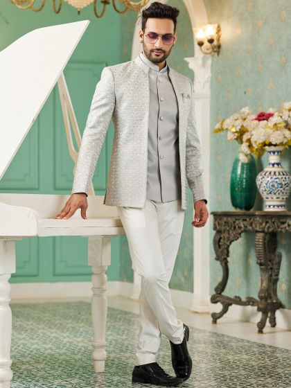 Grey Bandhgala Suit With Embroidered Jacket