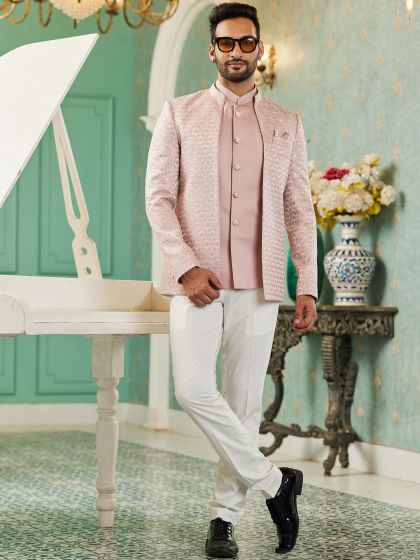 Pink Silk Weaving Mens Jodhpuri Set With Jacket